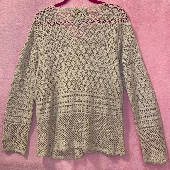 Vintage 90s Tiara Crochet Cardigan Longsleeve Nautical Beige Cream Taupe XL Fest - Picture 3 of 12